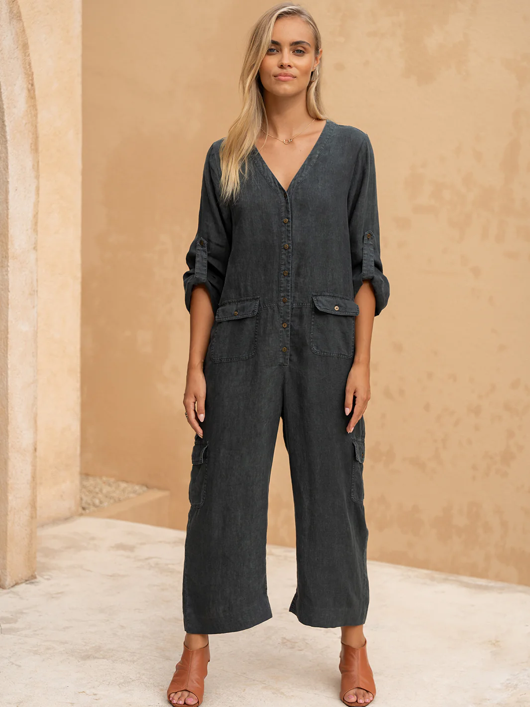 Mara French Linen Jumpsuit Charcoal - Image 3