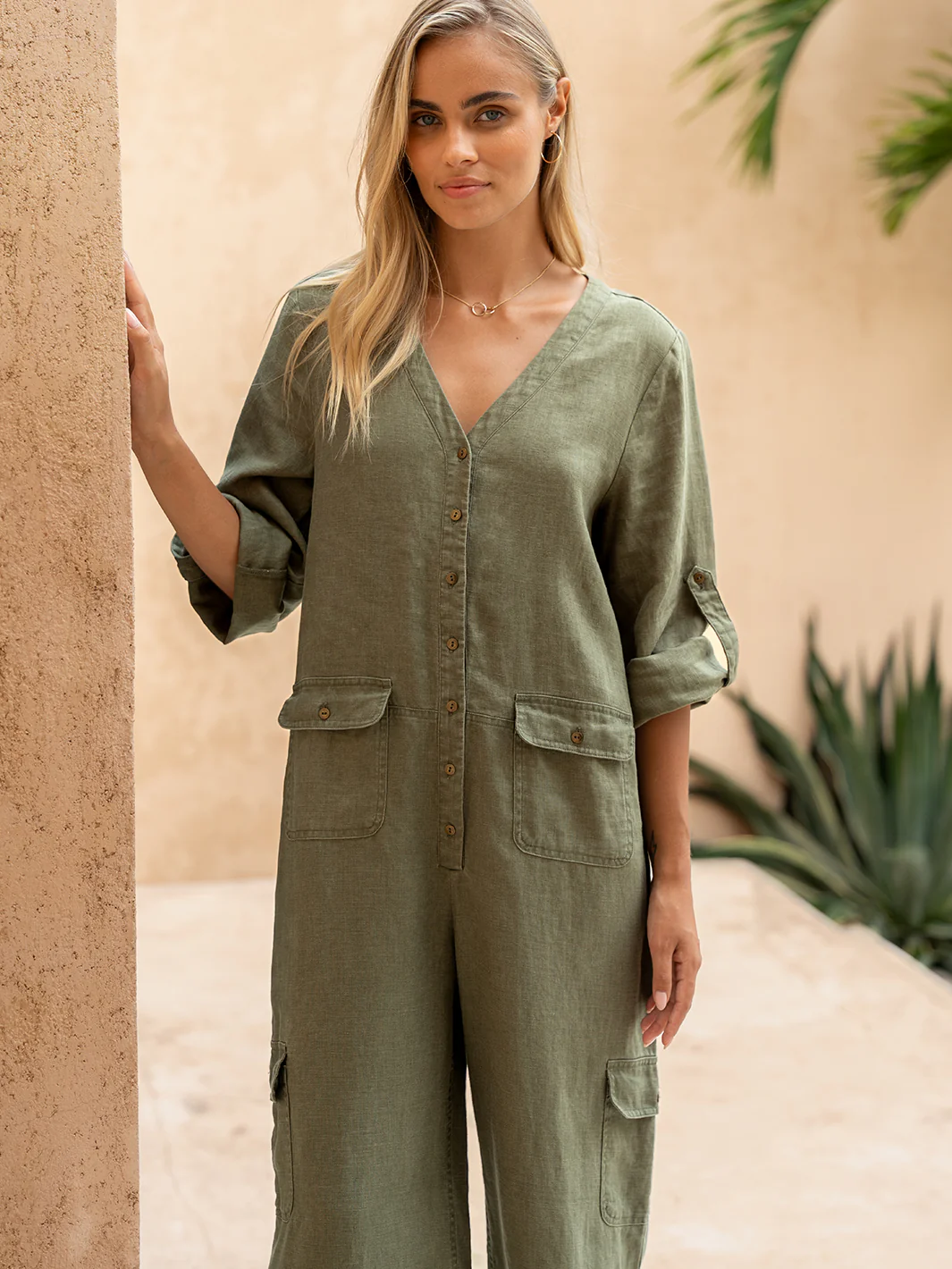 Mara French Linen Jumpsuit Olive - Image 3