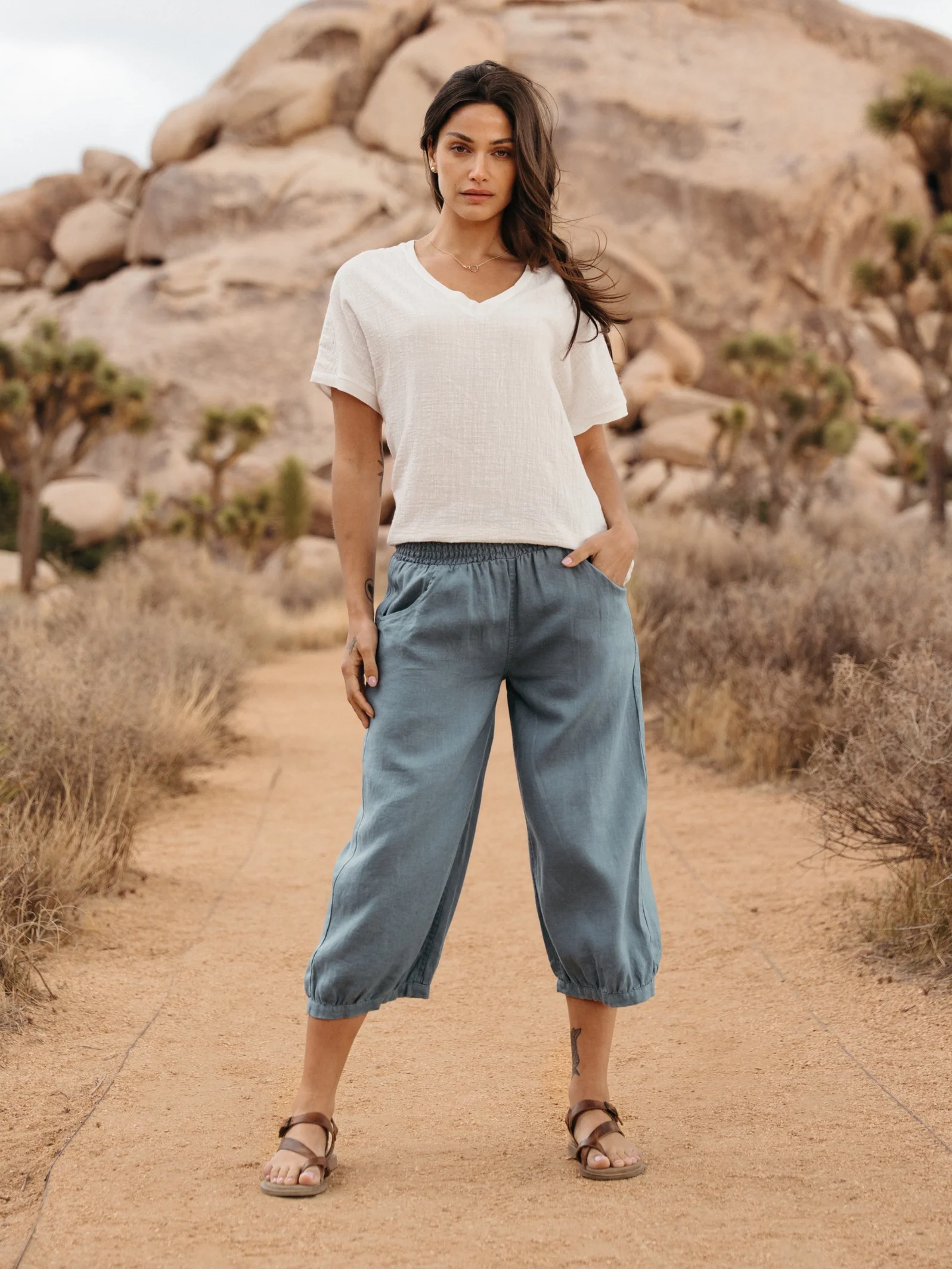 Marrakech French Linen Cropped Pants Tahiti Blue