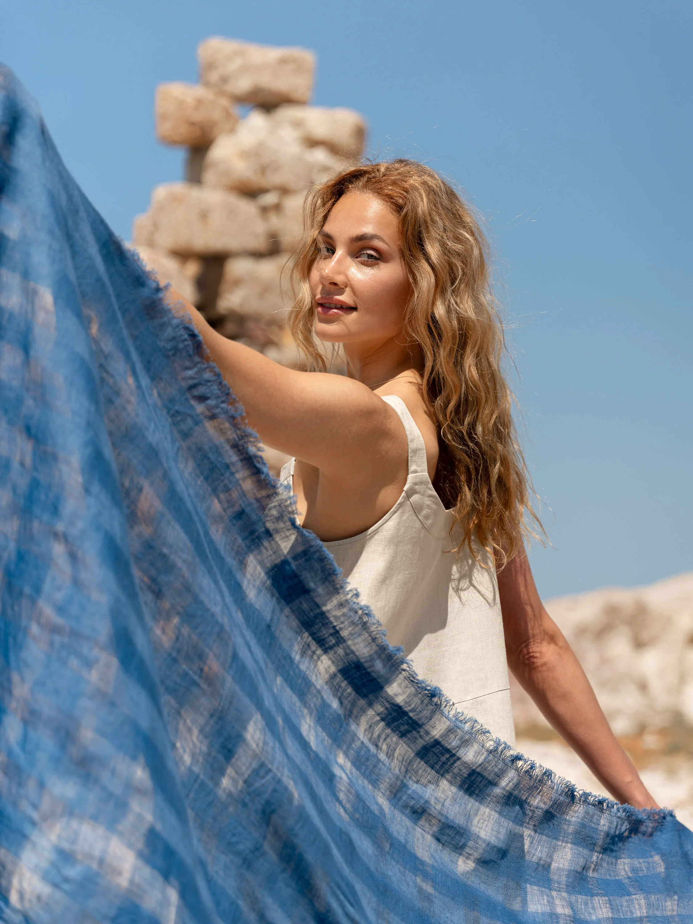 Sofi French Linen Scarf Aegean Blue - Image 4